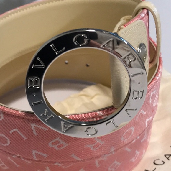 NWOT BVLGARI fabric leather signature logo belt - salmon & cream - in box - Picture 2 of 5